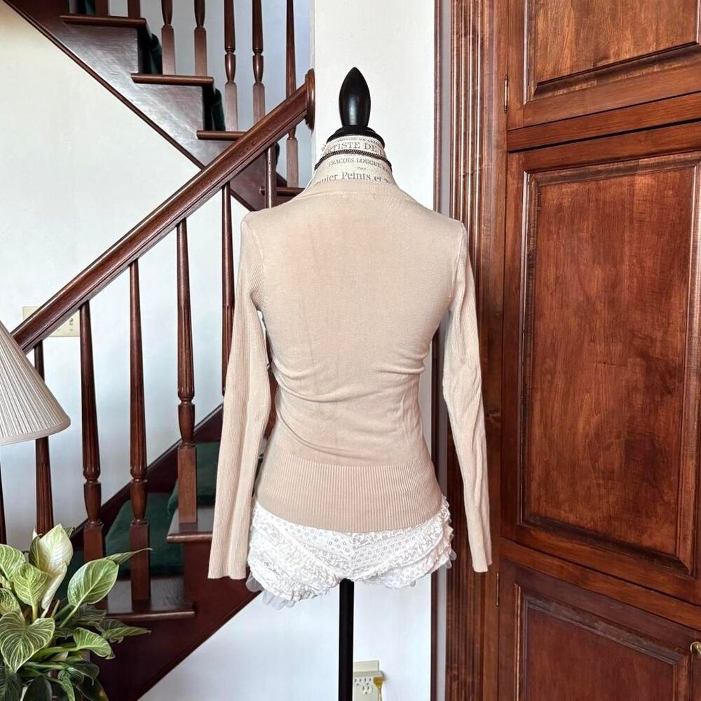 Cache Vintage Tan Sweater Blouse Top Sequins Snakeskin Print Zip Up Ribbed - Picture 3 of 5